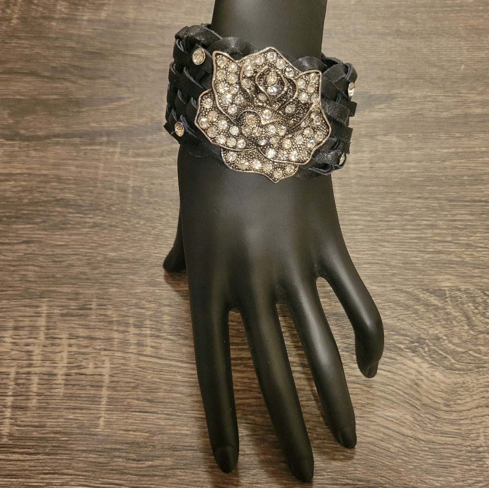 Rose Rhinestone Leather Statement Bracelet - image 1